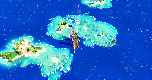 Vue du jeu : un navire à voiles passe entre des îlots de sable et de corail, dans une eau turquoise.